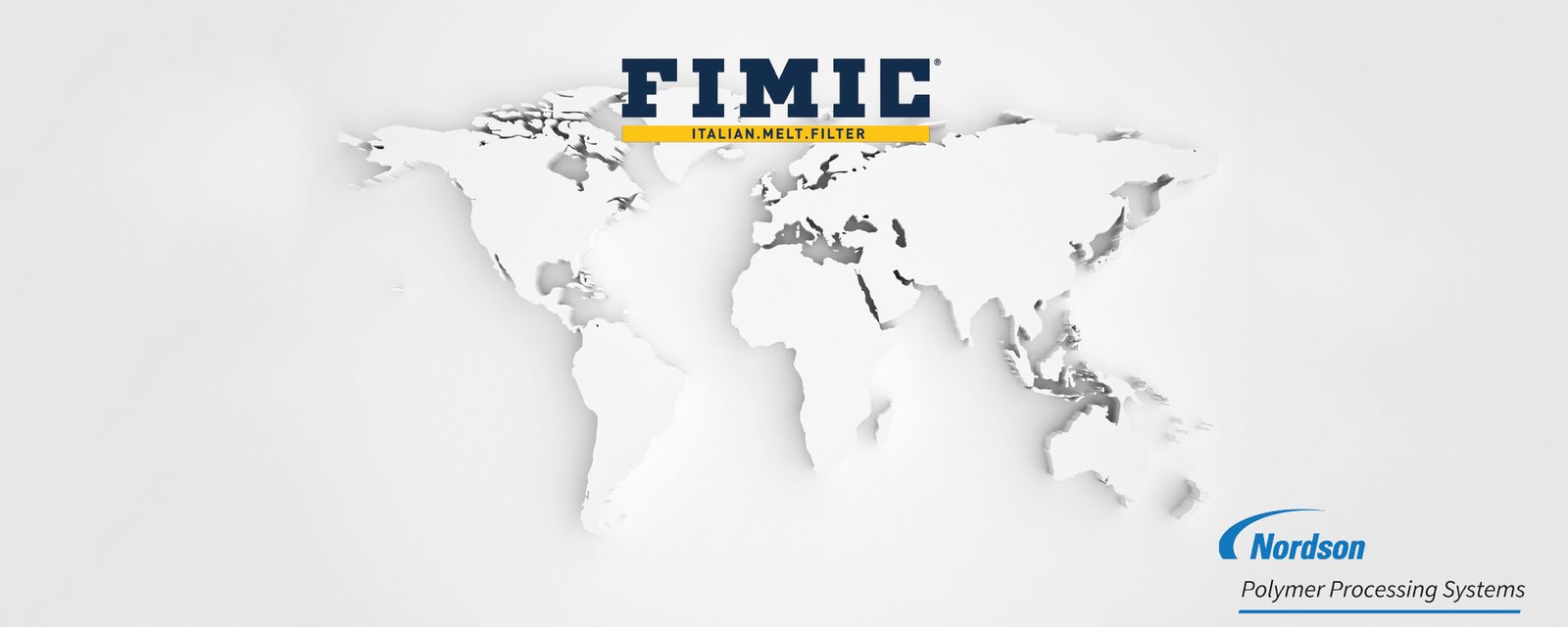 Auf dem Bild sieht man eine Weltkarte wo das Firmenlogo von Fimic und Nordson enthalten ist